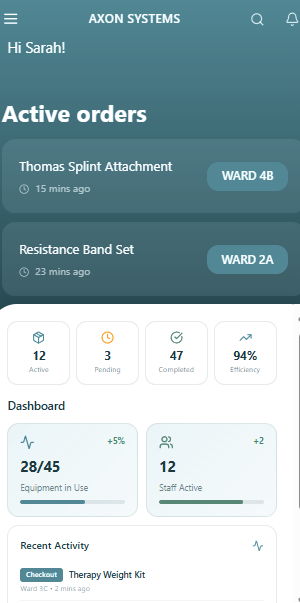 Axon Sync app dashboard showing active orders